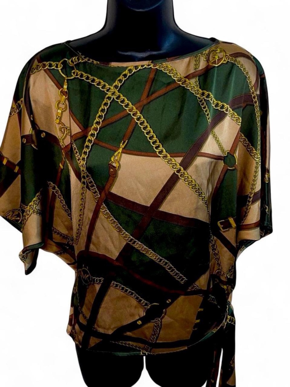 MICHAEL Michael Kors Green and Tan Chain-Print Blouse